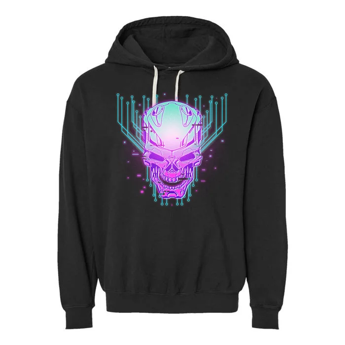 Retro Cyber Robot Skull Garment-Dyed Fleece Hoodie