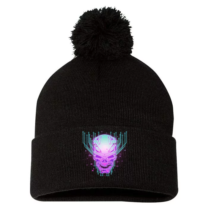 Retro Cyber Robot Skull Pom Pom 12in Knit Beanie