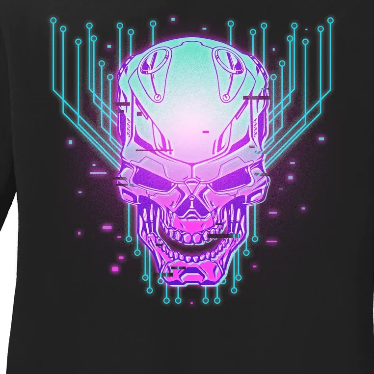 Retro Cyber Robot Skull Ladies Long Sleeve Shirt