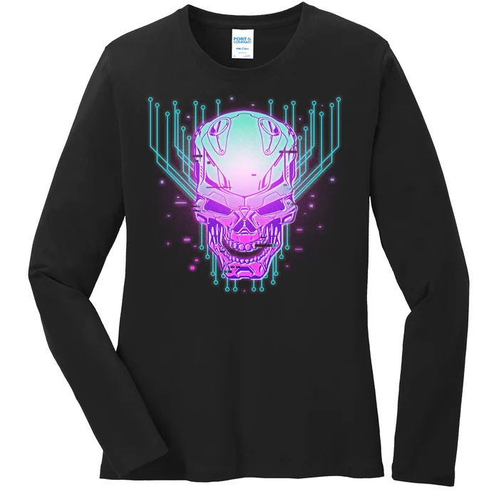 Retro Cyber Robot Skull Ladies Long Sleeve Shirt