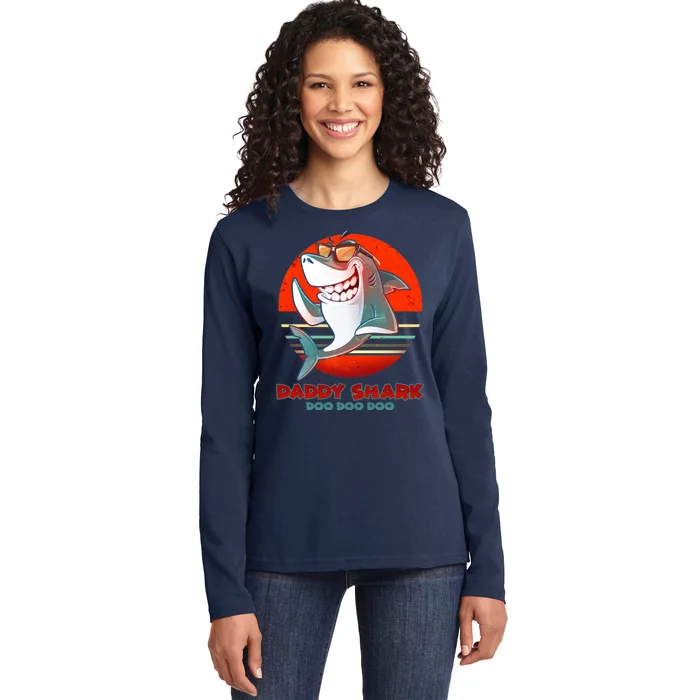 Retro Daddy Shark Doo Doo Doo Ladies Long Sleeve Shirt