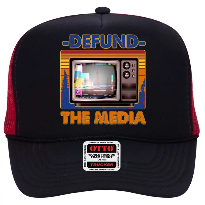 Retro Defund the Media Vintage TV Set High Crown Mesh Trucker Hat