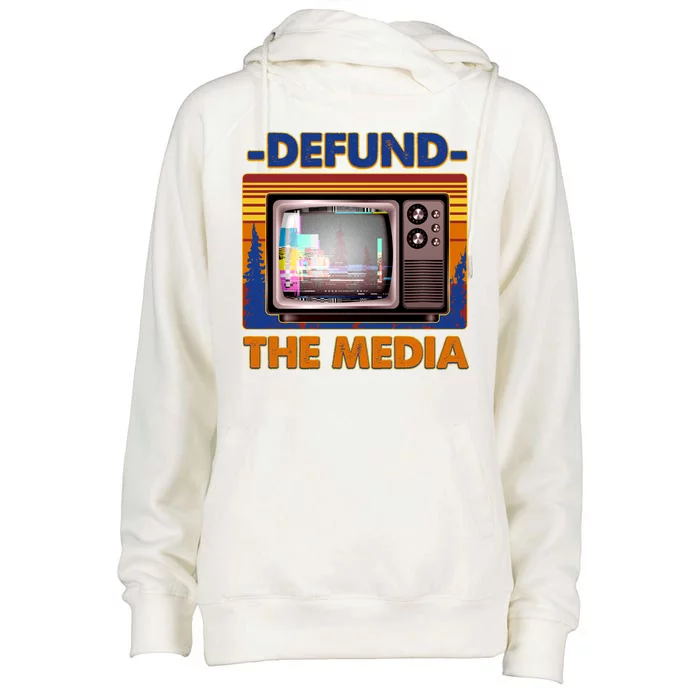 Retro Defund the Media Vintage TV Set Womens Funnel Neck Pullover Hood