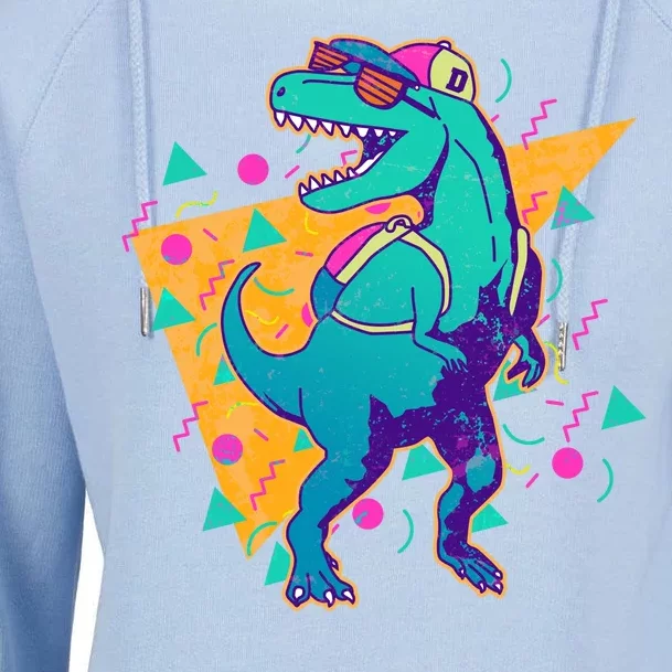 Retro Eighties Nineties Back to School TRex Dinosaur Womens Funnel Neck Pullover Hood