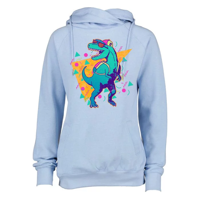 Retro Eighties Nineties Back to School TRex Dinosaur Womens Funnel Neck Pullover Hood