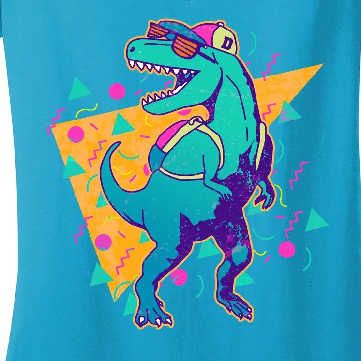 Retro Eighties Nineties Back to School TRex Dinosaur Women's V-Neck T-Shirt