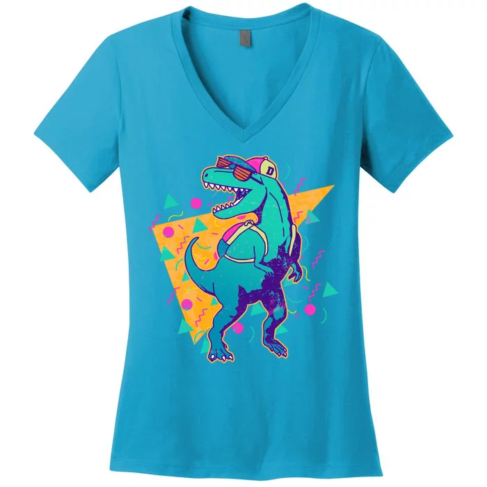 Retro Eighties Nineties Back to School TRex Dinosaur Women's V-Neck T-Shirt