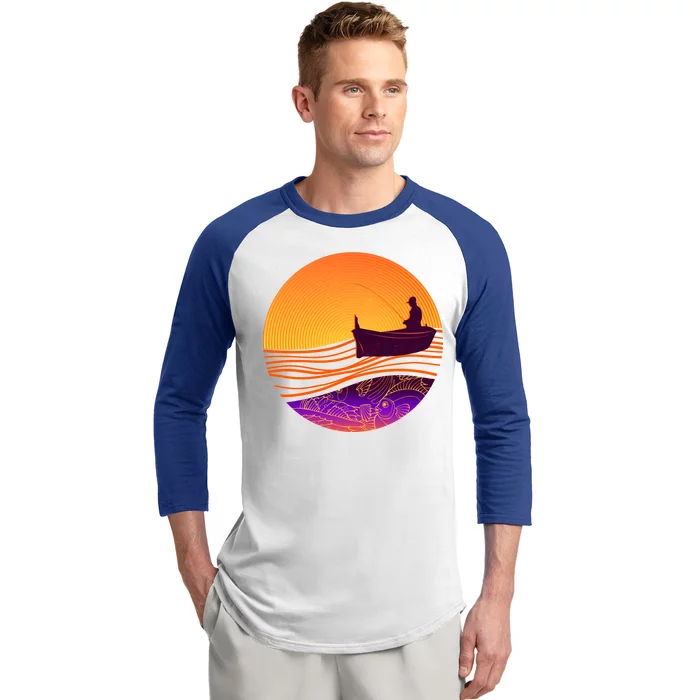 Retro Fisherman Boat Emblem Baseball Sleeve Shirt