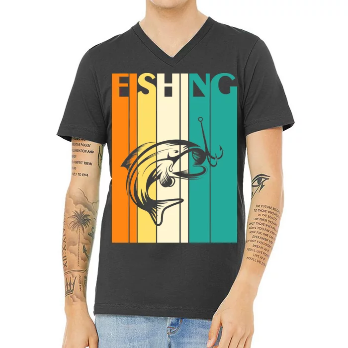 Retro Fishing Fish Hook V-Neck T-Shirt