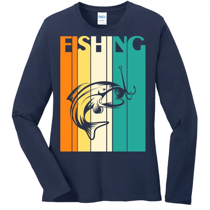 Retro Fishing Fish Hook Ladies Long Sleeve Shirt