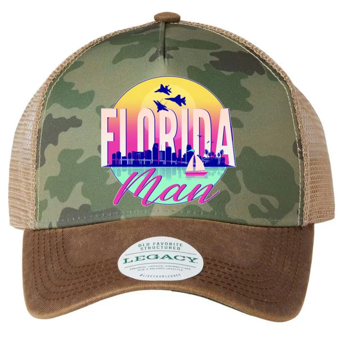 Retro Florida Man Miama Skyline with Fighter Jets Legacy Tie Dye Trucker Hat