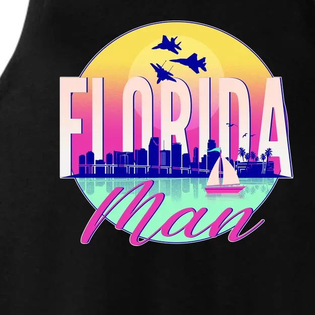 Retro Florida Man Miama Skyline with Fighter Jets Ladies Tri-Blend Wicking Tank