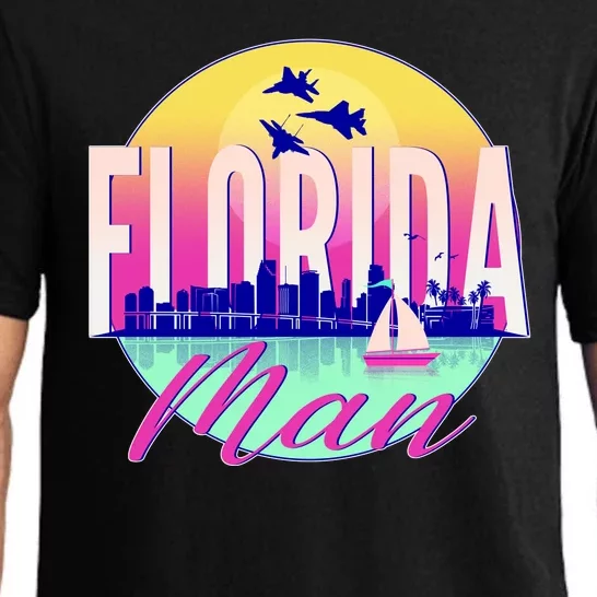 Retro Florida Man Miama Skyline with Fighter Jets Pajama Set