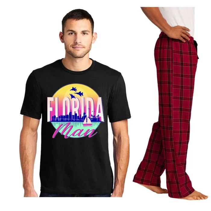 Retro Florida Man Miama Skyline with Fighter Jets Pajama Set