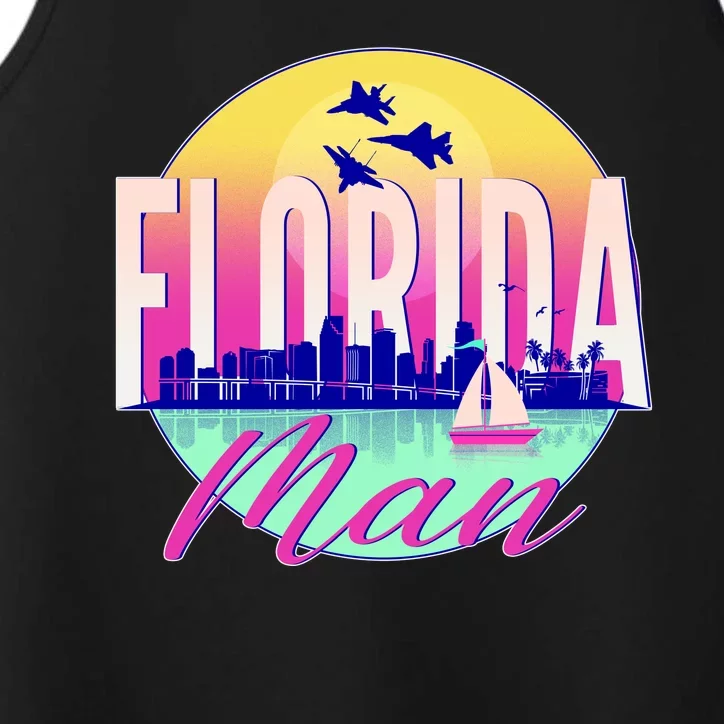 Retro Florida Man Miama Skyline with Fighter Jets Performance Tank