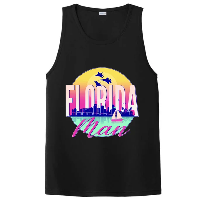 Retro Florida Man Miama Skyline with Fighter Jets Performance Tank