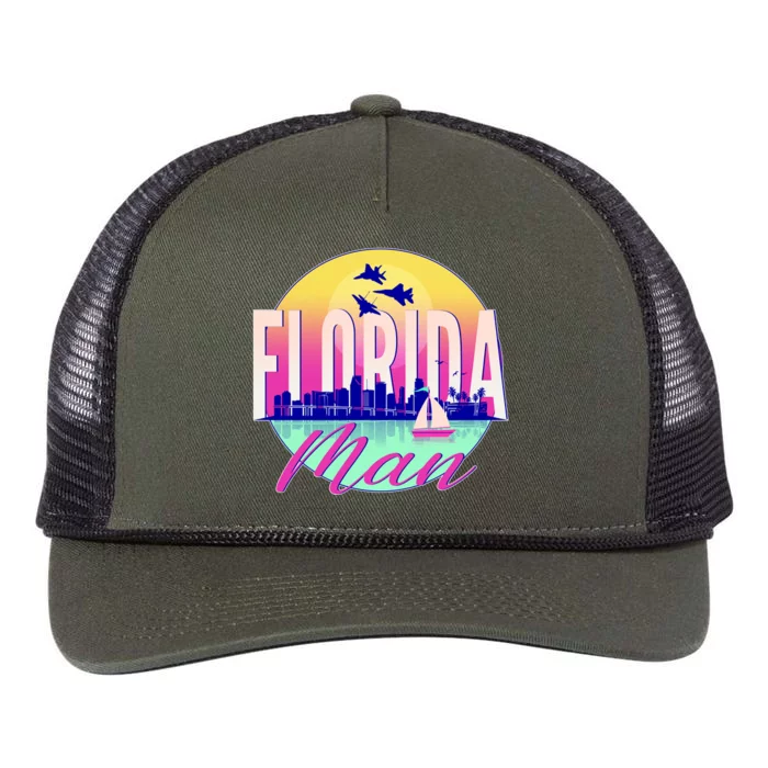 Retro Florida Man Miama Skyline with Fighter Jets Retro Rope Trucker Hat Cap