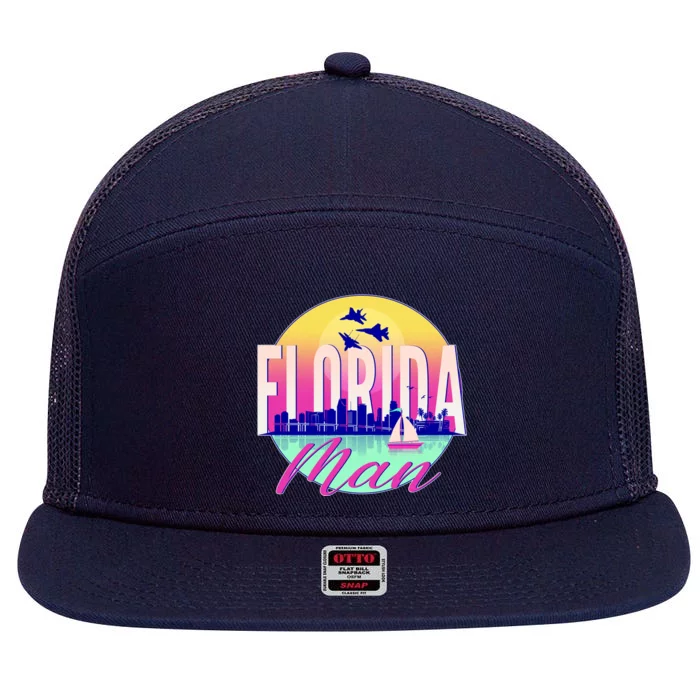 Retro Florida Man Miama Skyline with Fighter Jets 7 Panel Mesh Trucker Snapback Hat