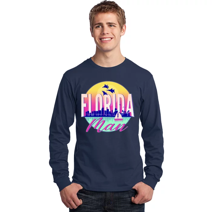 Retro Florida Man Miama Skyline with Fighter Jets Long Sleeve Shirt