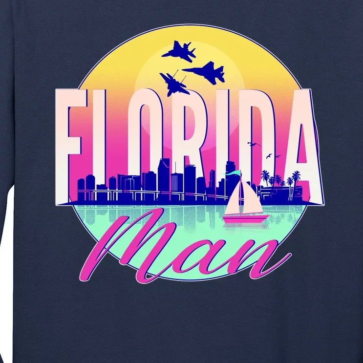 Retro Florida Man Miama Skyline with Fighter Jets Long Sleeve Shirt