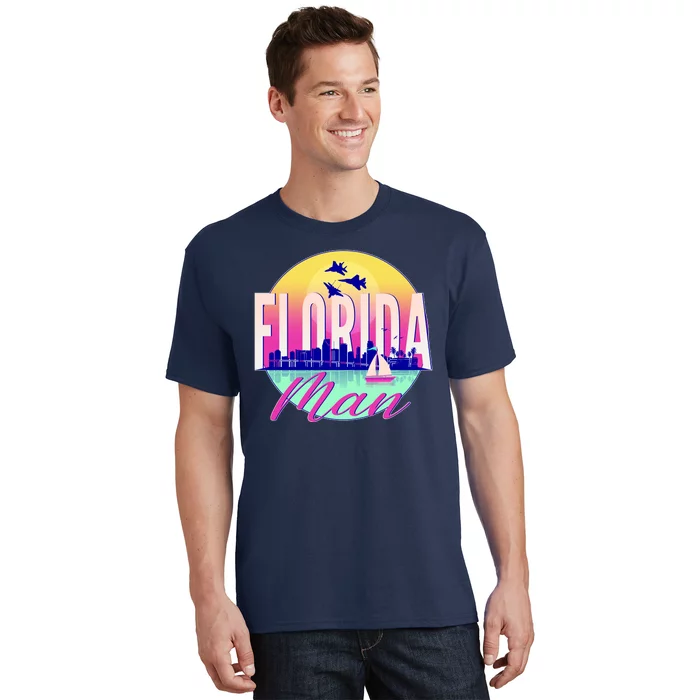 Retro Florida Man Miama Skyline with Fighter Jets T-Shirt