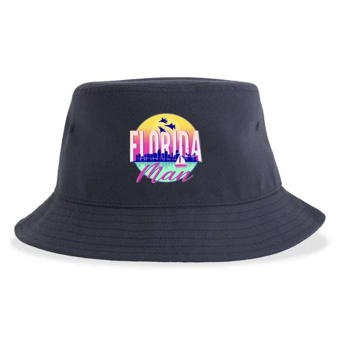 Retro Florida Man Miama Skyline with Fighter Jets Sustainable Bucket Hat