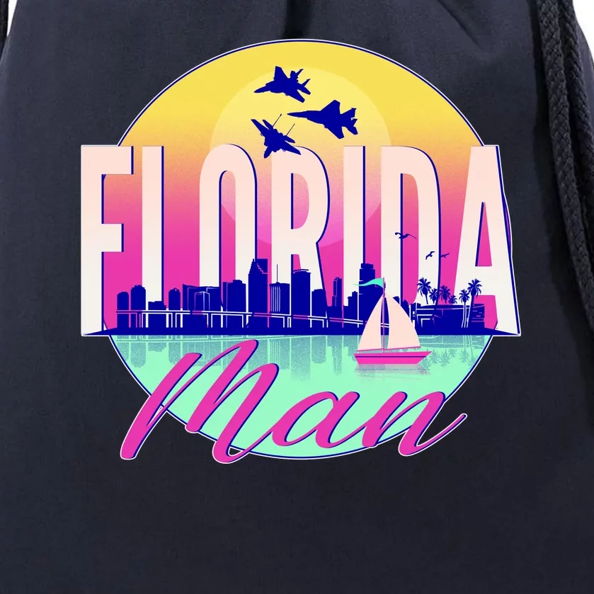 Retro Florida Man Miama Skyline with Fighter Jets Drawstring Bag