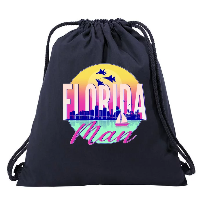 Retro Florida Man Miama Skyline with Fighter Jets Drawstring Bag