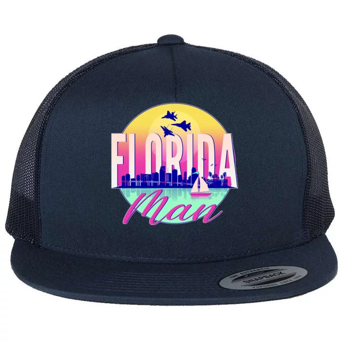 Retro Florida Man Miama Skyline with Fighter Jets Flat Bill Trucker Hat