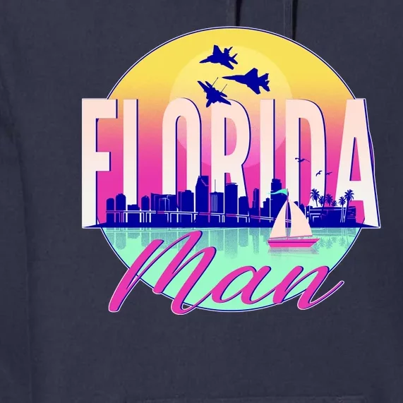 Retro Florida Man Miama Skyline with Fighter Jets Premium Hoodie