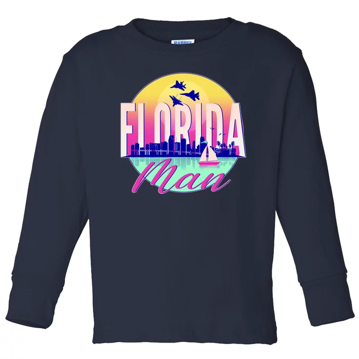 Retro Florida Man Miama Skyline with Fighter Jets Toddler Long Sleeve Shirt