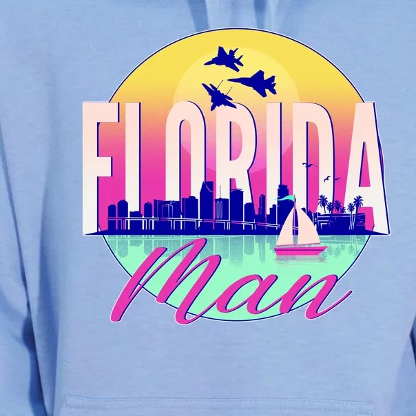 Retro Florida Man Miama Skyline with Fighter Jets Unisex Surf Hoodie