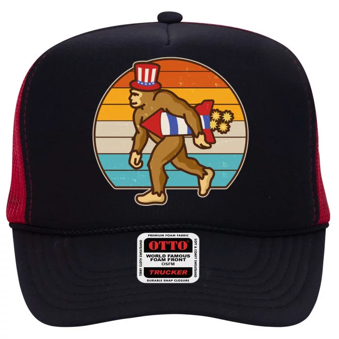 Retro Fourth 4th of July Firecracker Rocket Bigfoot High Crown Mesh Trucker Hat