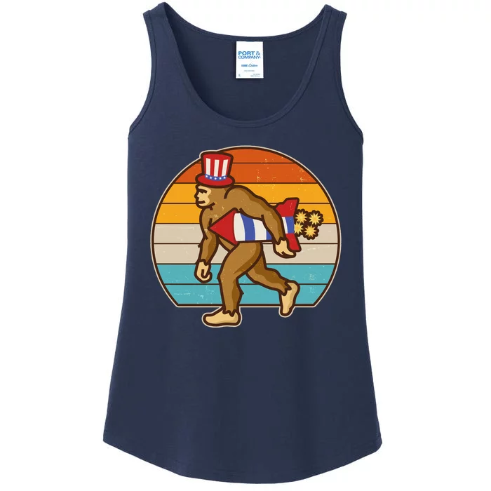 Retro Fourth 4th of July Firecracker Rocket Bigfoot Ladies Essential Tank