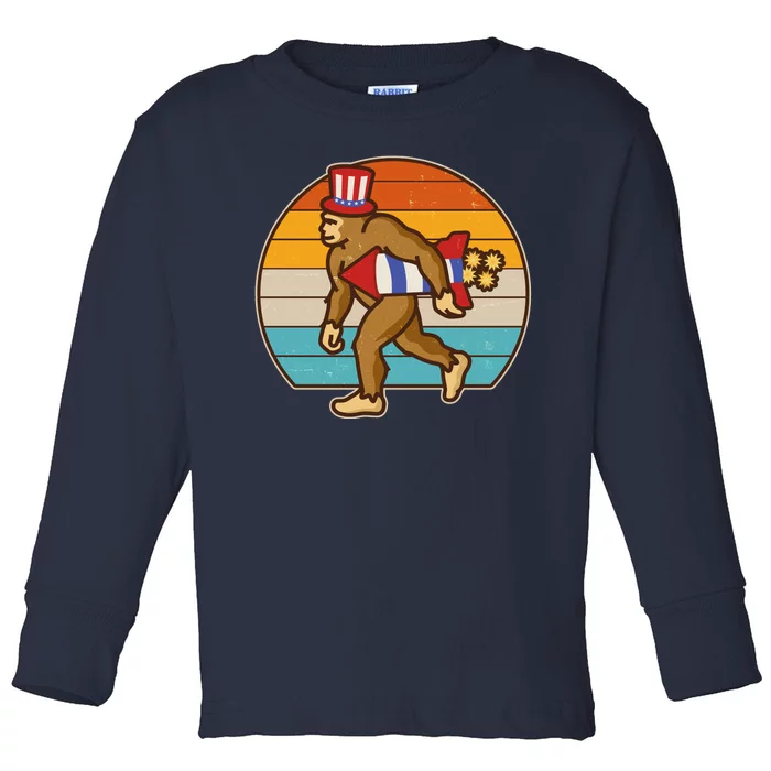 Retro Fourth 4th of July Firecracker Rocket Bigfoot Toddler Long Sleeve Shirt