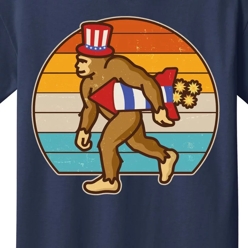 Retro Fourth 4th of July Firecracker Rocket Bigfoot Kids T-Shirt