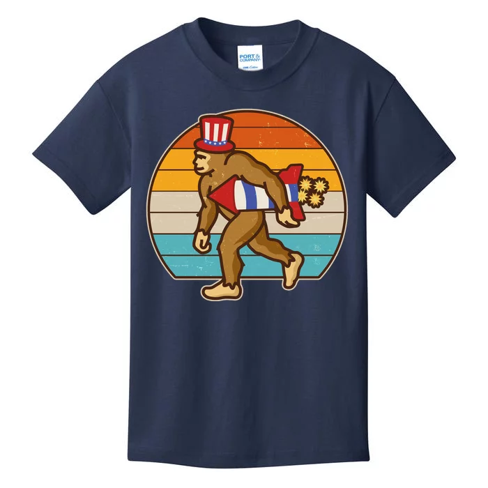 Retro Fourth 4th of July Firecracker Rocket Bigfoot Kids T-Shirt