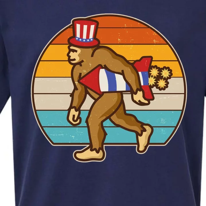 Retro Fourth 4th of July Firecracker Rocket Bigfoot Sueded Cloud Jersey T-Shirt