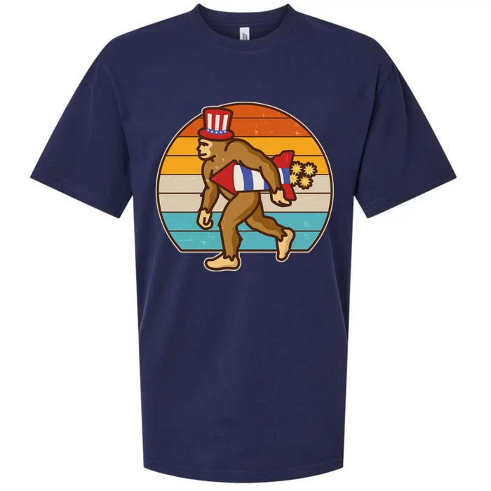 Retro Fourth 4th of July Firecracker Rocket Bigfoot Sueded Cloud Jersey T-Shirt