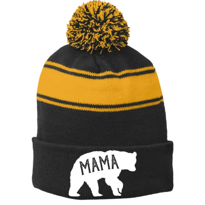 Retro Mama Bear Stripe Pom Pom Beanie