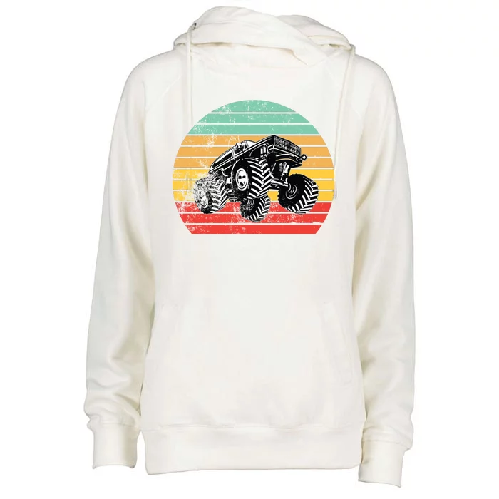 Retro Monster Truck Emblem Womens Funnel Neck Pullover Hood