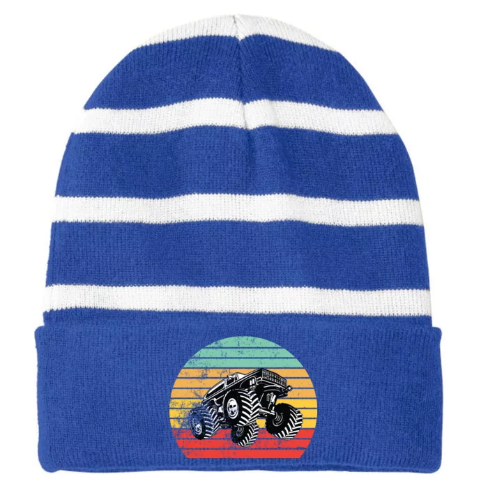 Retro Monster Truck Emblem Striped Beanie with Solid Band