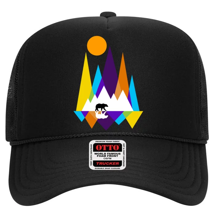 Retro Mount Bear Sunset High Crown Mesh Trucker Hat