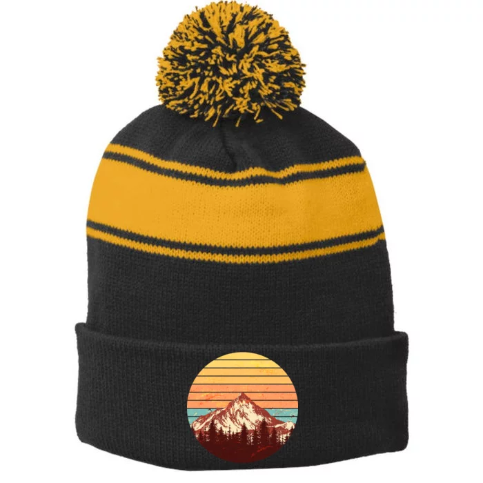 Retro Nature Mountains Stripe Pom Pom Beanie