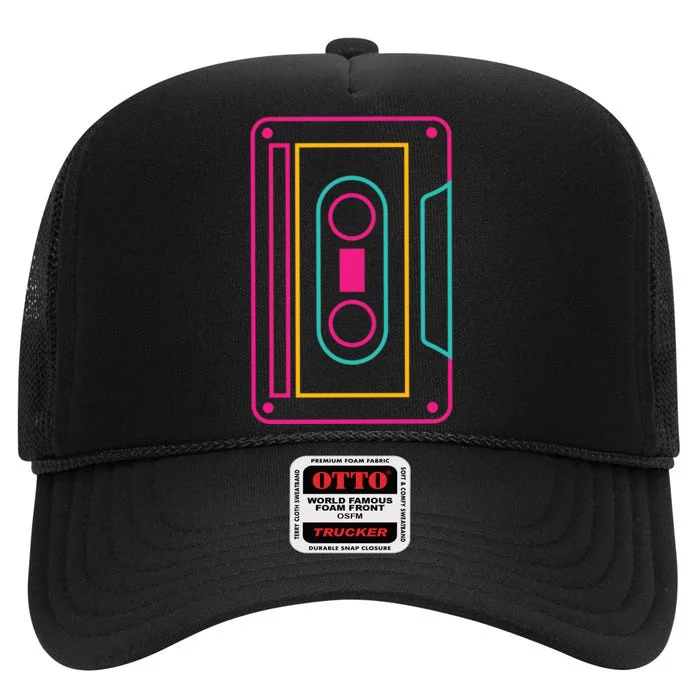 Retro Neon Cassette Tape High Crown Mesh Trucker Hat