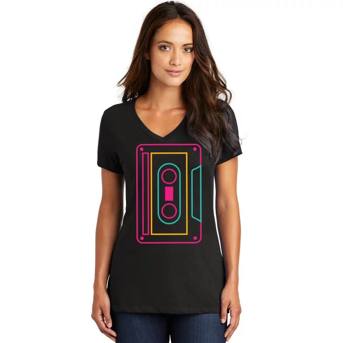 Retro Neon Cassette Tape Women's V-Neck T-Shirt