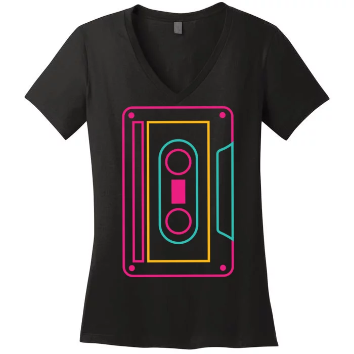 Retro Neon Cassette Tape Women's V-Neck T-Shirt