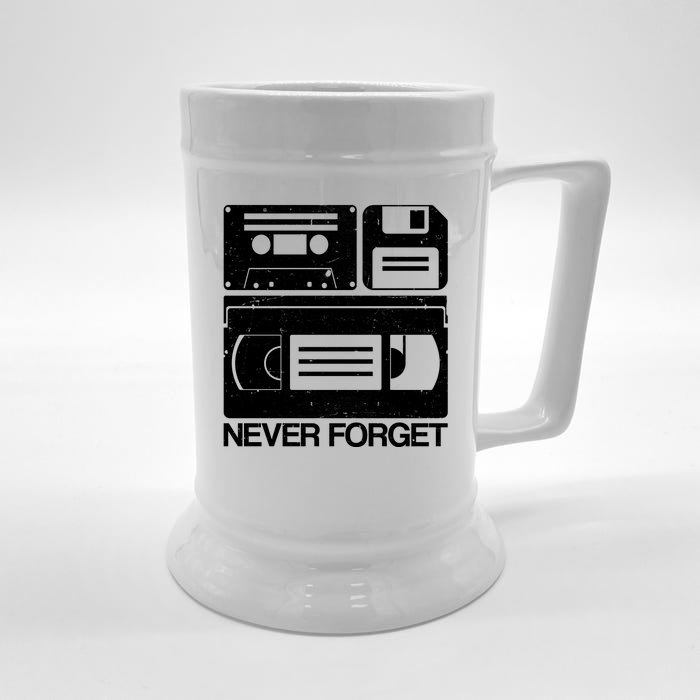 Retro Never Forget Cassette Floppy Disk VHS Tape Front & Back Beer Stein