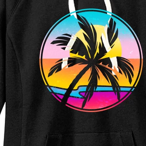 Retro Ocean Sun Palm Tree Emblem Women's Fleece Hoodie