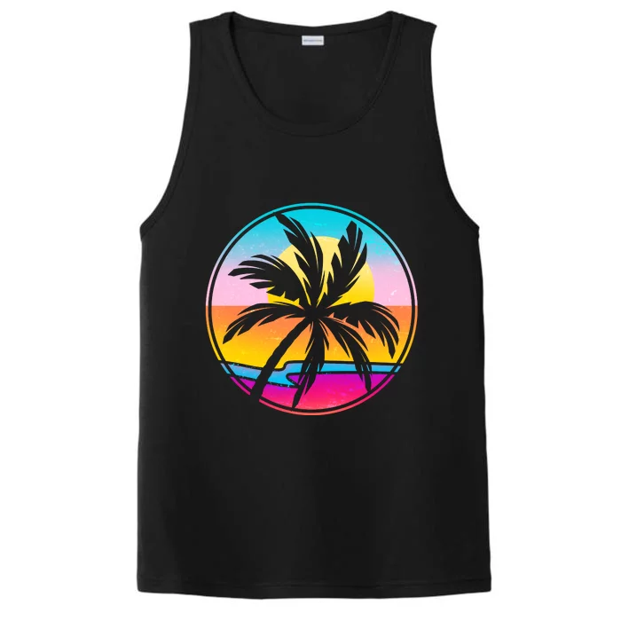 Retro Ocean Sun Palm Tree Emblem Performance Tank